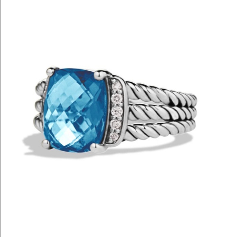 David Yurman Blue Topaz and Diamond Sterling Silver Cable Ring